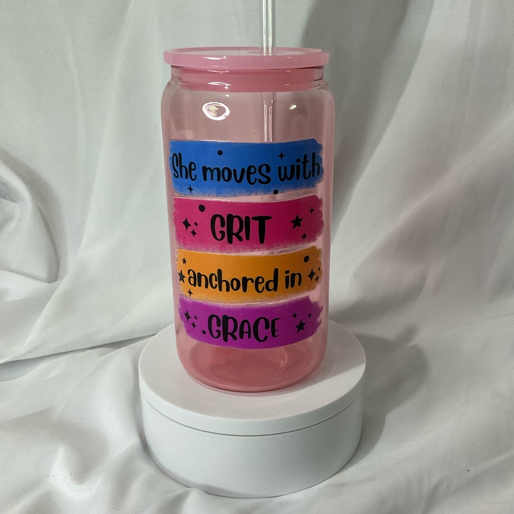 16 Ounce Handmade Light Pink Glass Can Cup w/Lid & Straw